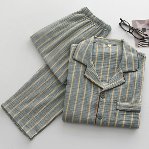 春夏文艺竖条纹纯棉纱布男家居服