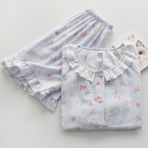 女纯棉纱布花边荷叶边短袖家居服