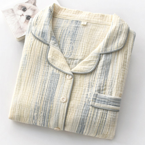 日系蓝幻条纹睡衣女士春秋夏季纯棉纱布薄款长袖开衫家居服套装 - 封面