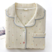 彩点日系睡衣女秋冬季 家居服套装 纯棉空气层三层保暖夹棉长袖 开衫