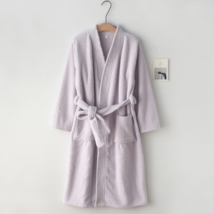 家居服浴衣 纯色女浴袍男士 法兰绒情侣睡袍秋冬季 加绒加厚保暖长袖