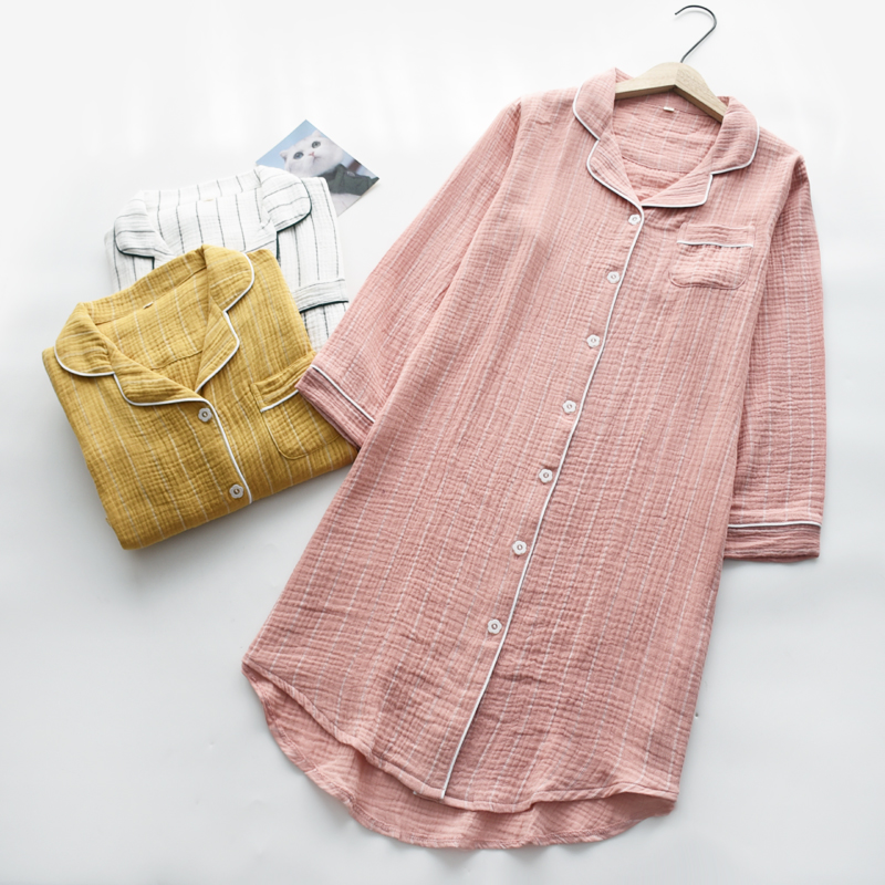 日系简约睡裙女士春秋季纯棉纱布双层水洗绉布薄款长袖家居服睡衣