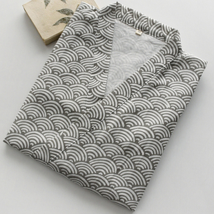 波浪纹和服汗蒸睡袍男春夏季 宽松家居服睡衣浴袍浴衣 纯棉纱布薄款