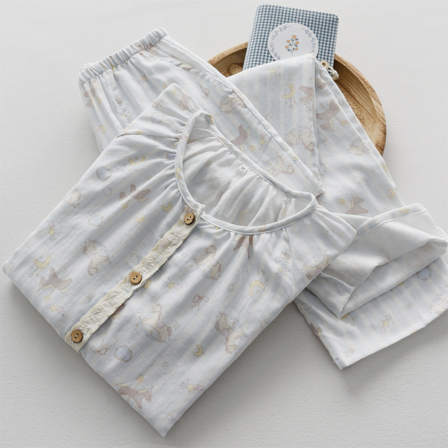 卡通小马睡衣女春夏季纯棉纱布印花双层长袖长裤家居服套装居家服