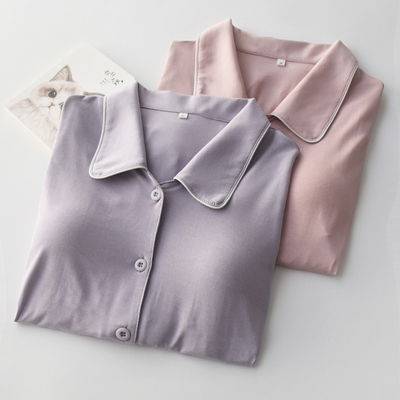 女莫代尔带胸垫春夏长袖睡衣