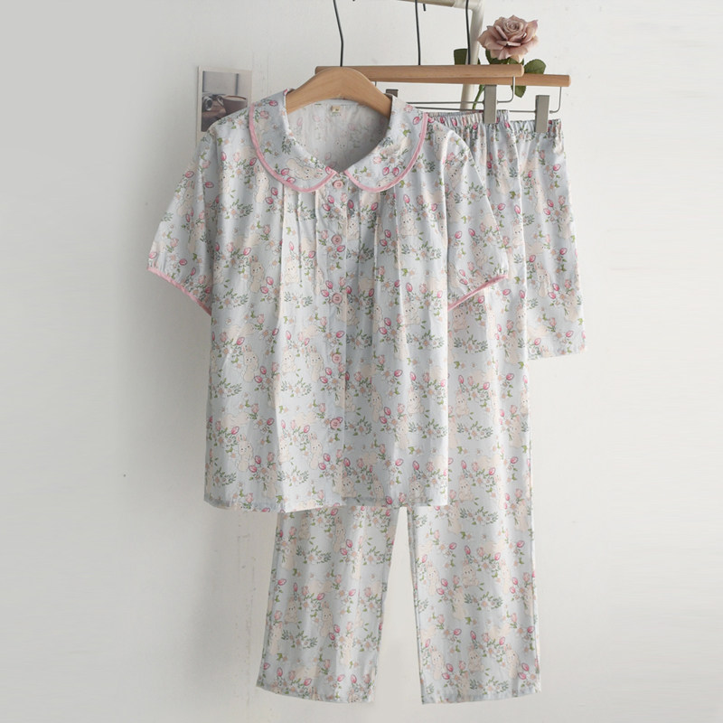 卡通印花带胸垫睡衣女夏季纯棉棉布薄款短袖短裤长裤三件套家居服,女士内衣/男士内衣/家居服,睡衣/家居服套装,淘宝优惠券,粉丝福利购,淘宝优惠卷