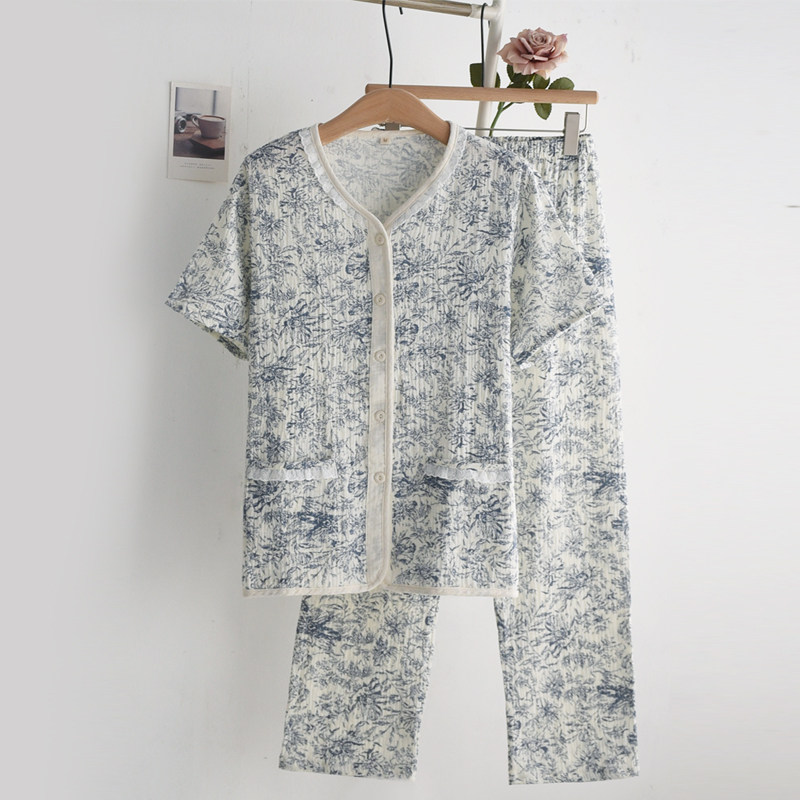 水墨蓝调花边睡衣女士春夏季纯棉纱布双层薄款短袖长裤家居服套装,女士内衣/男士内衣/家居服,睡衣/家居服套装,淘宝优惠券,粉丝福利购,淘宝优惠卷