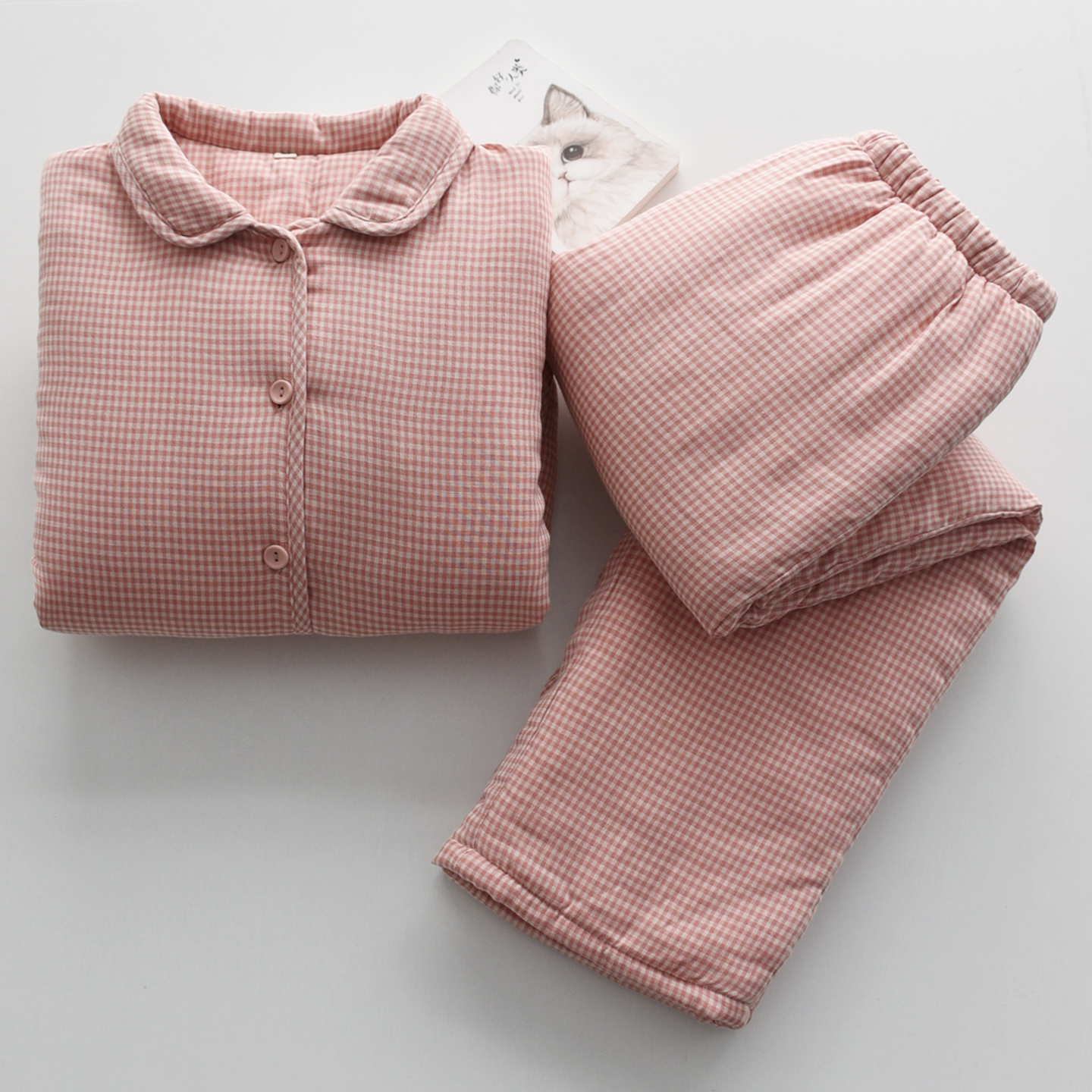 纯棉纱布空气棉睡衣女秋冬季加厚保暖棉袄棉裤三层格子家居服套装