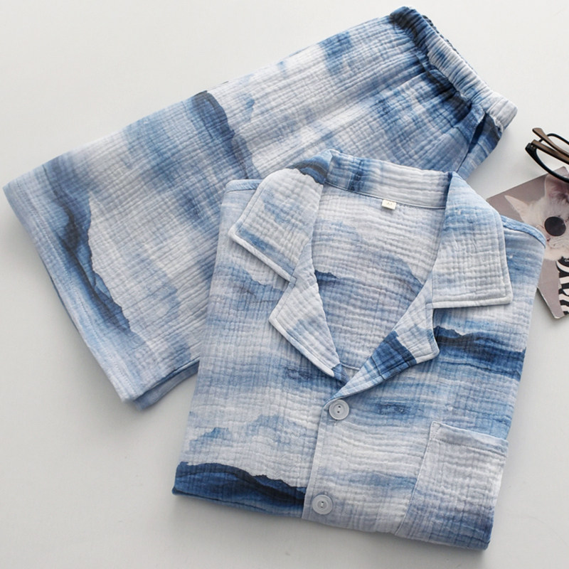 水墨冰川国风睡衣男士夏季纯棉纱布双层薄款短袖短裤家居服套装,女士内衣/男士内衣/家居服,睡衣/家居服套装,淘宝优惠券,粉丝福利购,淘宝优惠卷