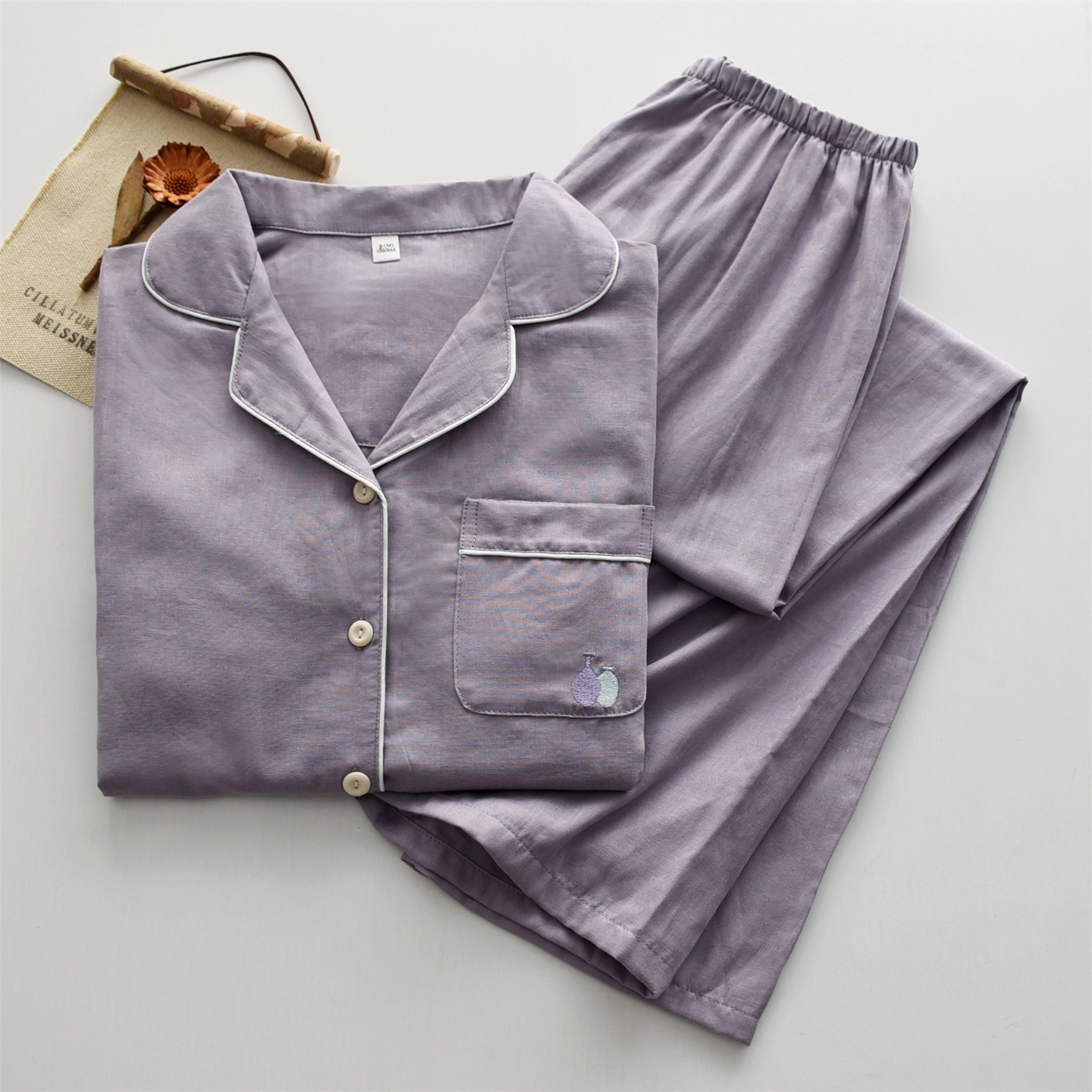 简约纯色口袋刺绣睡衣女春夏季纯棉纱布薄款长袖开衫家居服套装