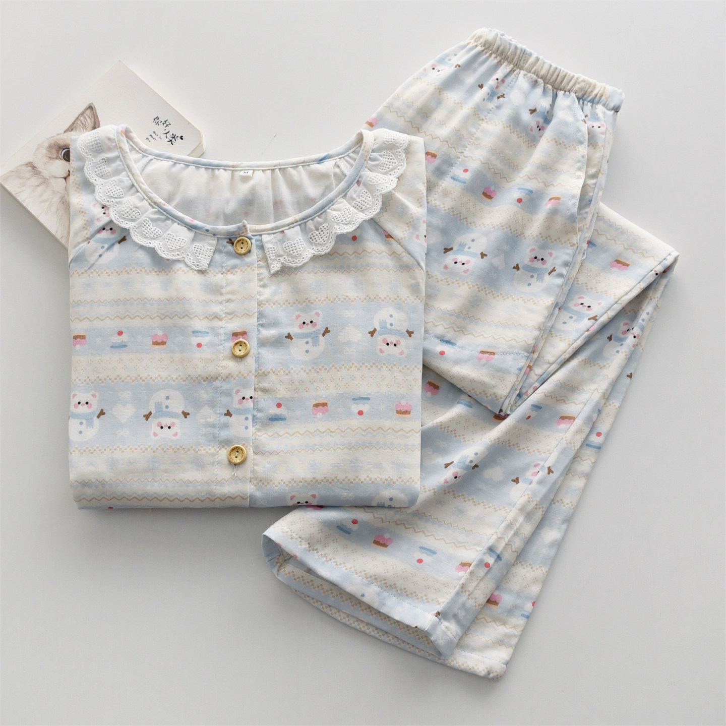 雪人印花甜美花边睡衣女士春夏季纯棉纱布双层薄款长袖家居服套装