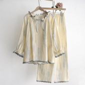 家居服套装 套头长袖 纯棉纱布薄款 宫廷风蕾丝花边睡衣女士春秋夏季