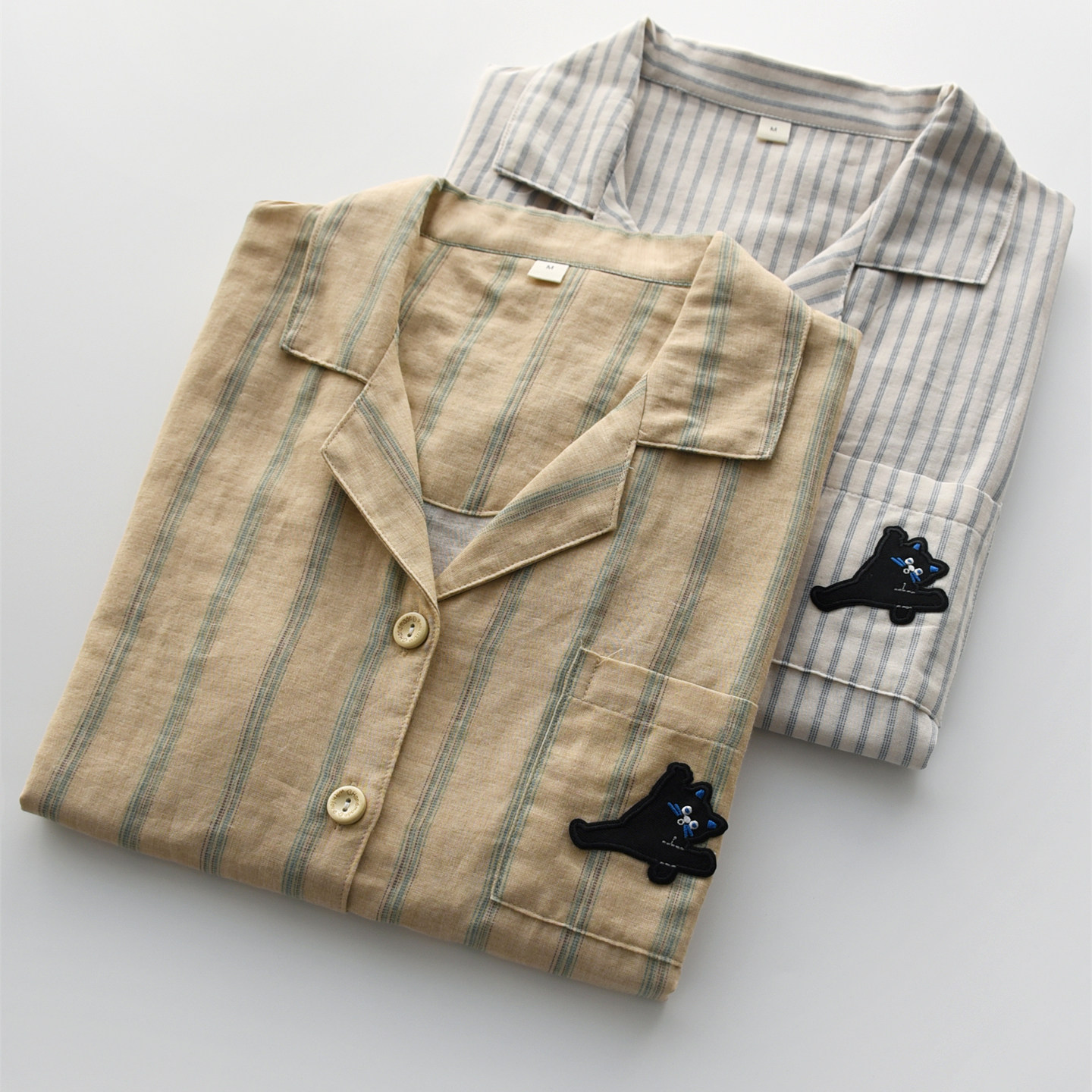 小黑猫刺绣情侣睡衣男女夏季纯棉双层纱布薄款短袖短裤家居服套装