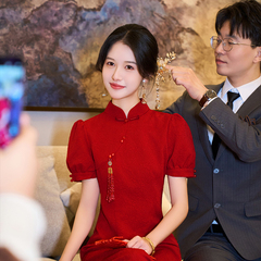 苏爱丨逢吉新中式红色旗袍女夏季短袖敬酒服订婚新娘高级感礼服裙