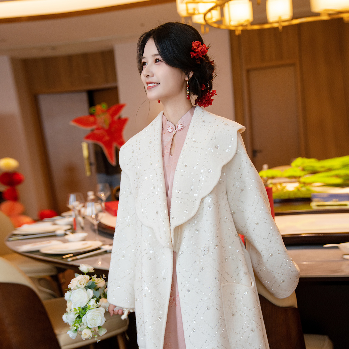 苏爱暖雪白色毛呢外套女2025新娘结婚高端敬酒服小个子羊毛外搭