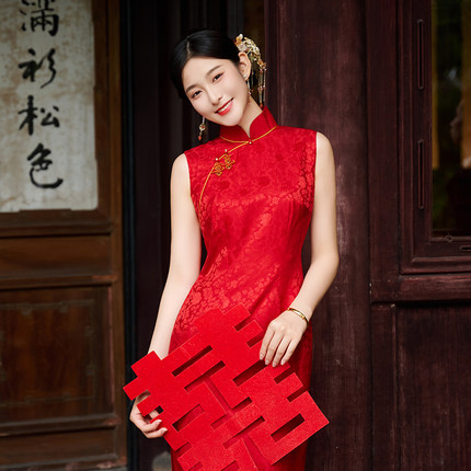 苏爱|烛红 中式红色真丝旗袍女订婚新娘结婚领证登记气质敬酒礼服