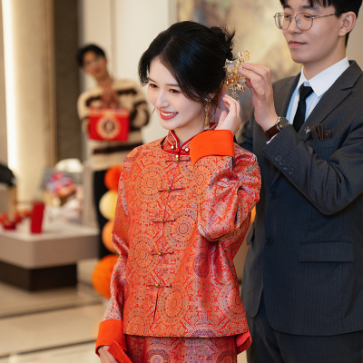 苏海订婚旗袍两件套国风宋锦外套