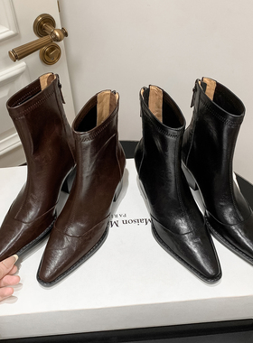复古高街 Simcoe真皮羊皮短筒靴短靴女靴子西部靴后拉链高跟粗跟