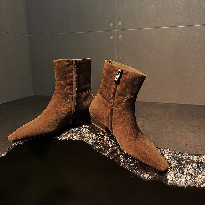 百搭时髦 Vintage复古羊翻皮真皮短靴子女靴低筒方头平底侧拉链