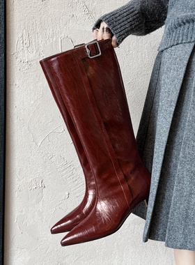 时髦重工 Literary气质尖头猫跟全皮长靴子女靴高筒靴亮漆皮牛皮