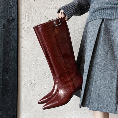 时髦重工 Literary气质尖头猫跟全皮长靴子女靴高筒靴亮漆皮牛皮