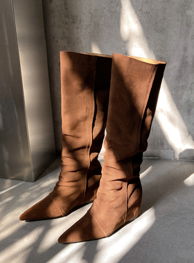 全皮高街 Simcoe真皮磨砂牛皮长筒靴子高筒长靴子高跟内增高尖头