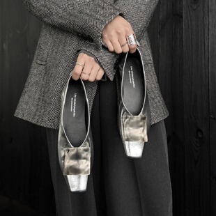 简约时髦 Literary真皮牛皮方头浅口单鞋女内增高金属装饰舒适鞋