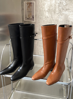 巨巨显瘦 Literary真皮牛皮长筒靴子高筒长靴子中跟粗跟方头性感