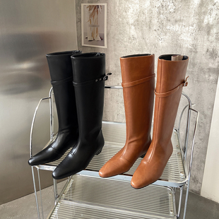 巨巨显瘦 Literary真皮牛皮长筒靴子高筒长靴子中跟粗跟方头性感