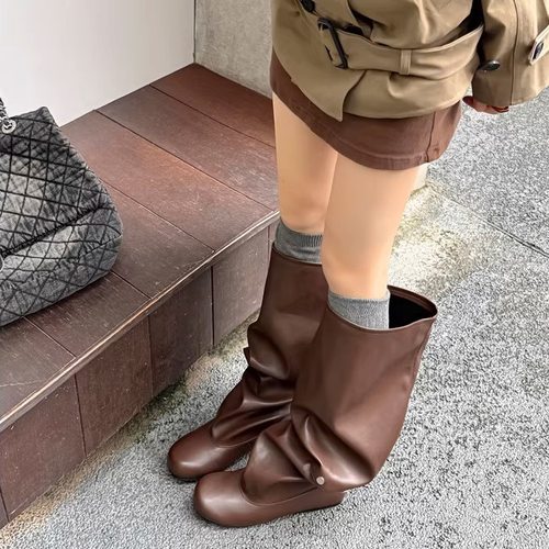 小众设计 Literary街头大筒围真皮裤管靴女高筒靴粗跟骑士靴长靴