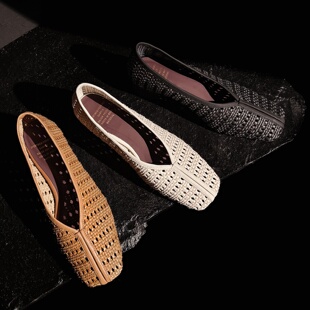 凉鞋 镂空方头女粗跟浅口舒适 Literary真皮透气舒适单鞋 简约编织