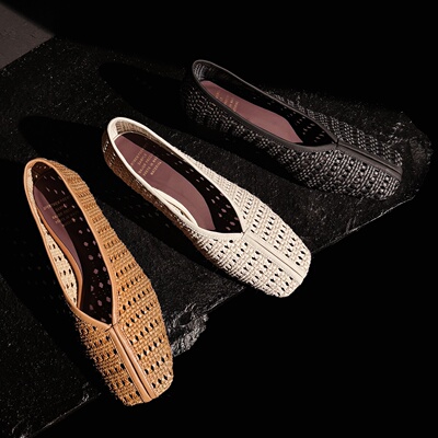 简约编织 Literary真皮透气舒适单鞋凉鞋镂空方头女粗跟浅口舒适