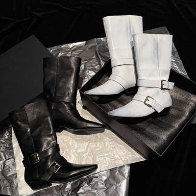 小众设计 Elegan真皮牛皮短靴子马丁靴西部靴方头粗跟女靴子高跟