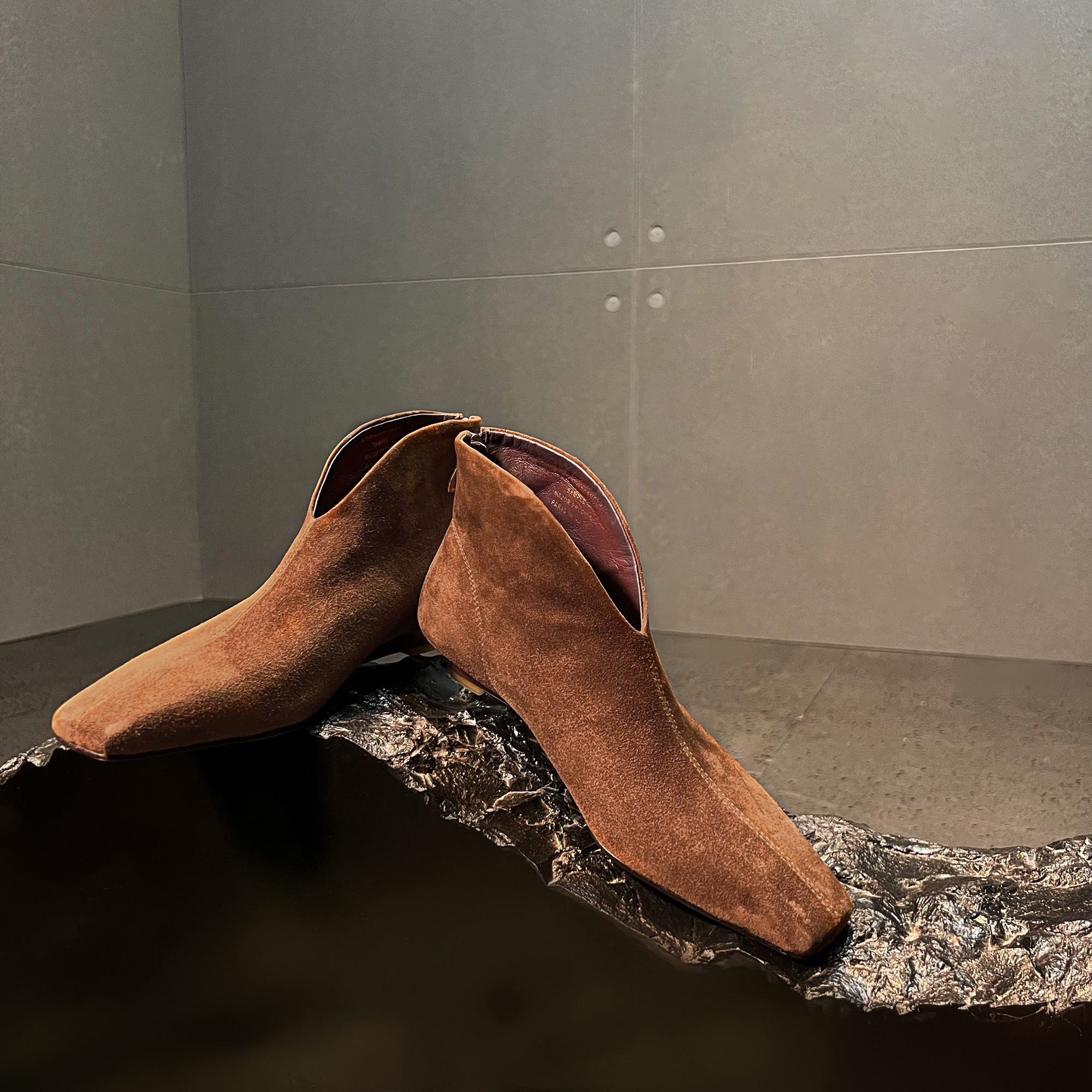 街头复古 Vintage复古及裸靴短靴子女靴坡跟中跟方头后拉链羊翻皮