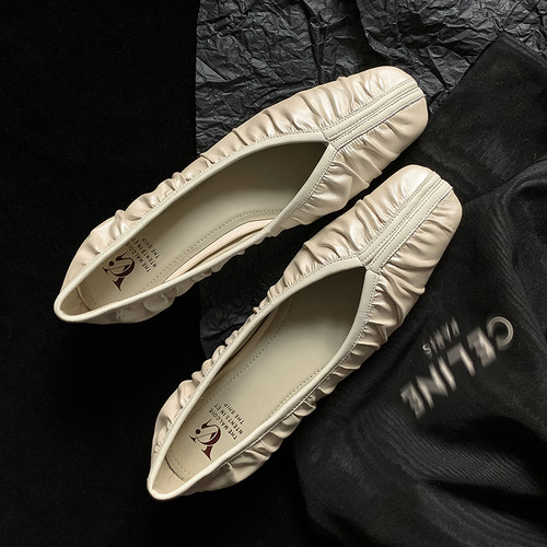 小众设计 Elegant褶皱方头浅口单鞋女平底百搭芭蕾舞奶奶鞋真牛皮