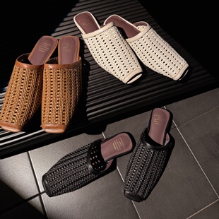 外穿平底透气凉拖鞋 女夏季 镂空 Elegant真皮编织包头拖鞋 小众文艺