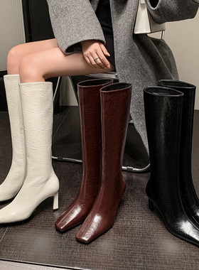 小众设计 Elegan时装靴子长筒靴高筒靴方头粗跟女靴子长靴中跟靴