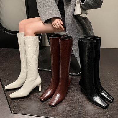 小众设计 Elegan时装靴子长筒靴高筒靴方头粗跟女靴子长靴中跟靴