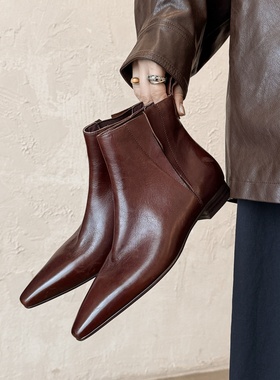 店主自留 Elegan真皮牛皮短靴子短靴女靴子尖头平底切尔西靴中跟