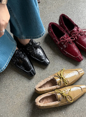 复古文艺 Literary优雅方头真皮加绒保暖棉鞋冬季毛毛鞋女鞋牛皮