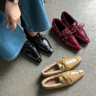 复古文艺 Literary优雅方头真皮加绒保暖棉鞋冬季毛毛鞋女鞋牛皮