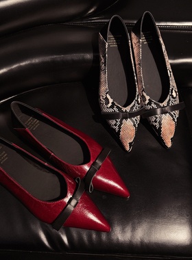 时髦熟女 Literary气质真皮尖头浅口单鞋女平跟法式轻便女鞋牛皮