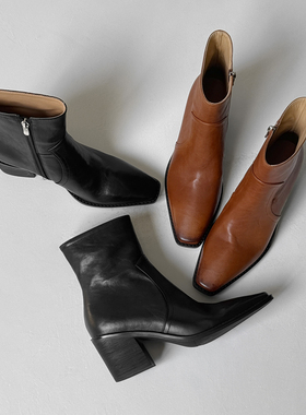 复古时髦Elegan真皮牛皮短靴子马丁靴机车尖头及踝粗跟绑带女靴