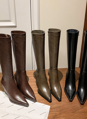 高街时髦 Elegan真皮牛皮长筒靴子长靴子流苏靴高筒靴方头粗跟女