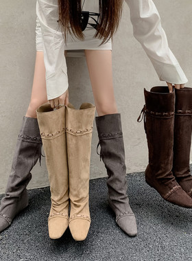 时髦腿精 Elegan真皮绒高筒靴子长筒靴尖头内增高女靴子长靴中跟