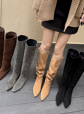全皮真皮 Simcoe真皮长靴子女靴秋冬磨砂牛皮中跟尖头高筒靴长筒