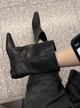 小众设计 Literary复古方头裤管靴子直筒长靴中筒靴低筒真皮牛皮