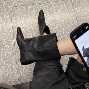 小众设计 Literary复古方头裤管靴子直筒长靴中筒靴低筒真皮牛皮