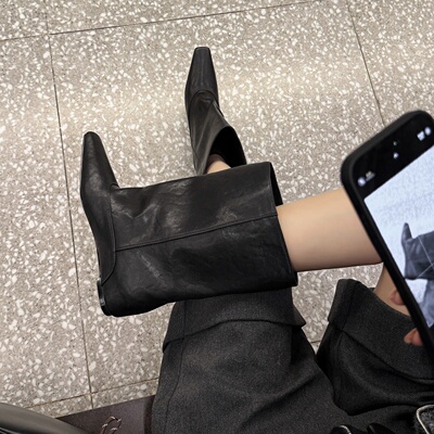 小众设计 Literary复古方头裤管靴子直筒长靴中筒靴低筒真皮牛皮