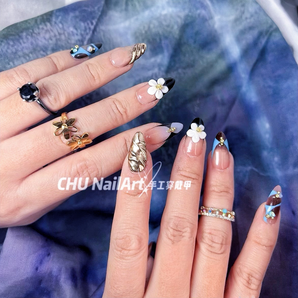 CHU NailArt 欧美风ins花卉多巴胺彩色杏仁纯手工穿戴甲